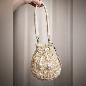 Cream Beaded Woven Sack Bag with Pearls